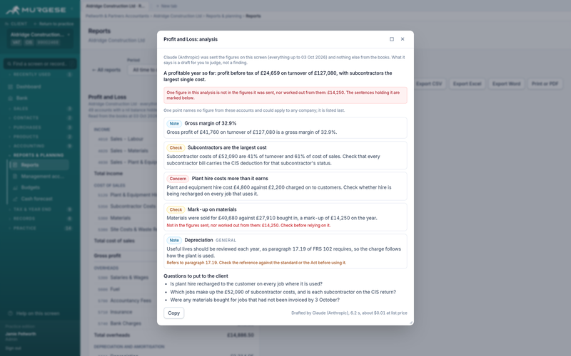 Analyse with AI on a profit and loss account in Murgese: one figure marked as not in the figures sent, and a reference to a standard flagged for checking.