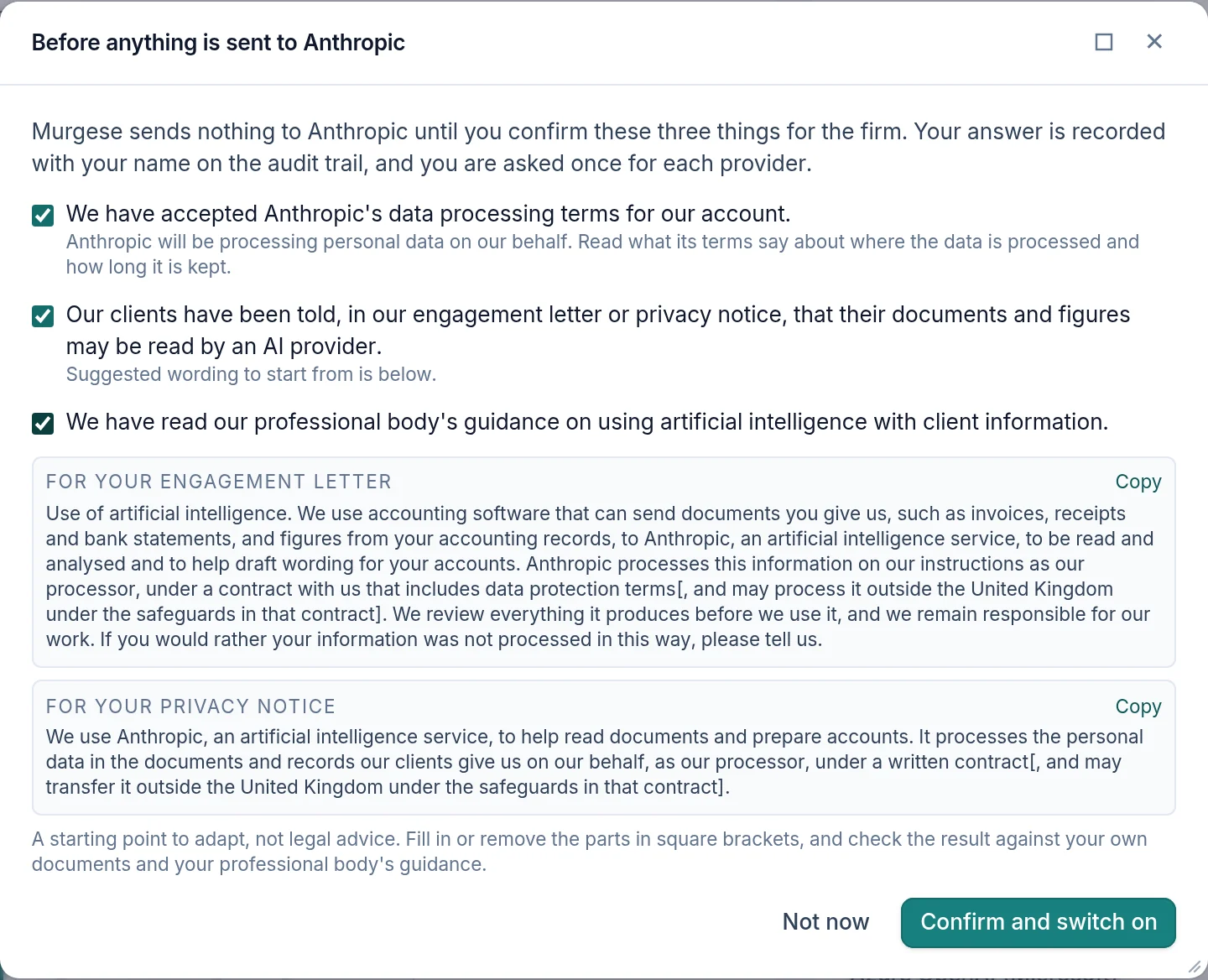 The confirmation Murgese asks for before anything is sent to Anthropic, with three statements ticked and suggested wording for an engagement letter and a privacy notice