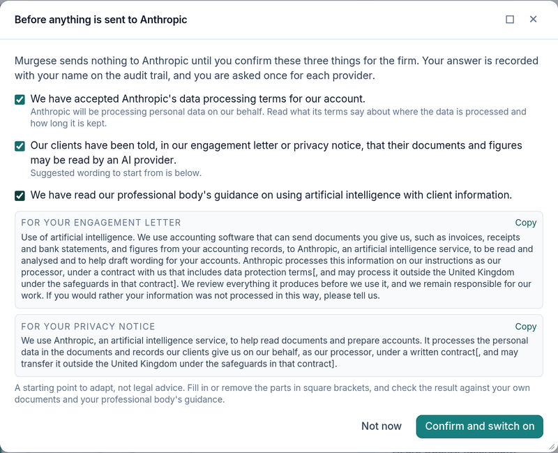 The confirmation Murgese asks for before anything is sent to Anthropic: three statements ticked, and suggested wording for an engagement letter and a privacy notice.