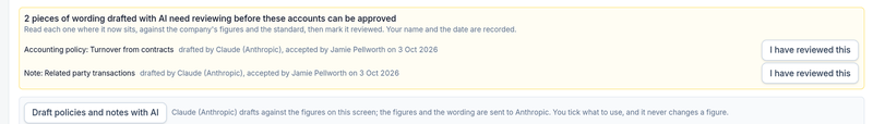 Two pieces of wording drafted with AI waiting to be marked reviewed before the accounts can be approved.
