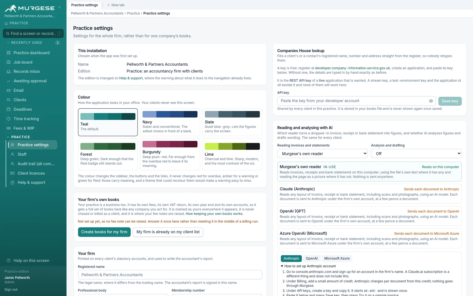 Practice settings in Murgese, with Murgese's own reader in use for invoices and statements, analysis and drafting off, and Claude, OpenAI and Azure OpenAI listed as the alternatives