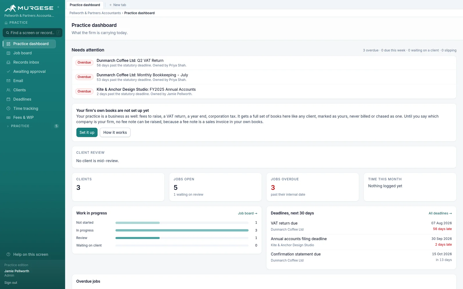 The practice dashboard, showing overdue work, clients, open jobs, work in progress by stage and the deadlines in the next thirty days