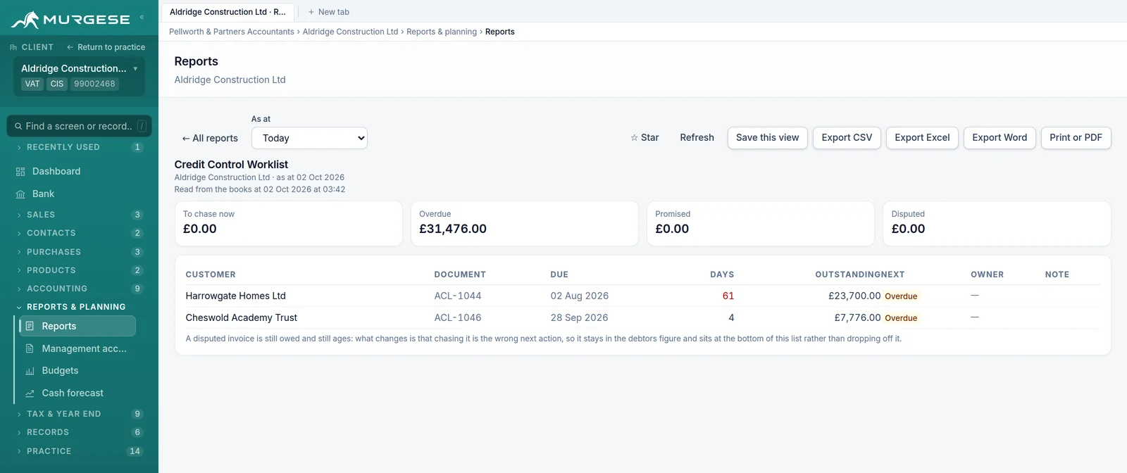 The credit control worklist, showing what to chase, what is overdue, what is promised and what is disputed