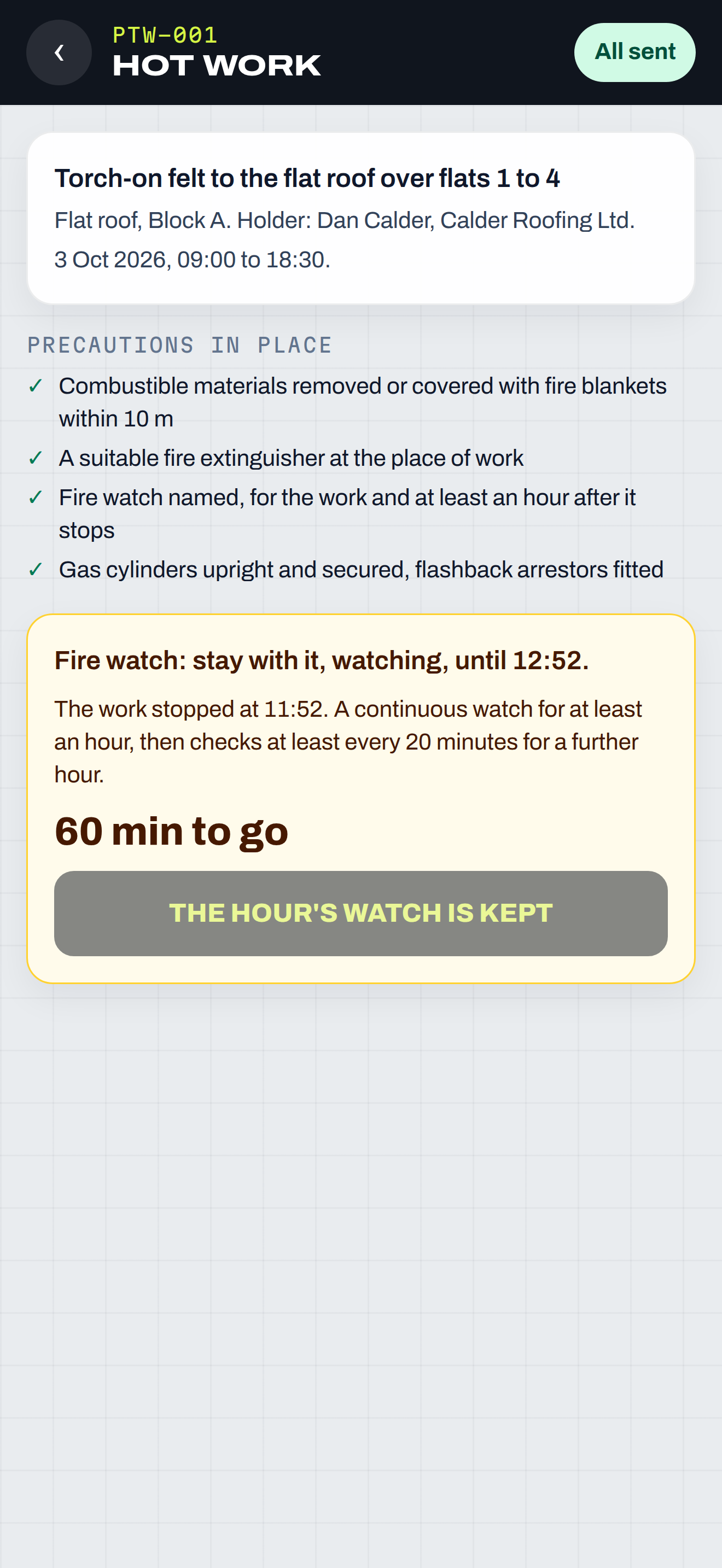 The hot work permit on the phone: the precautions ticked, and the fire watch counting down after the torch goes off.