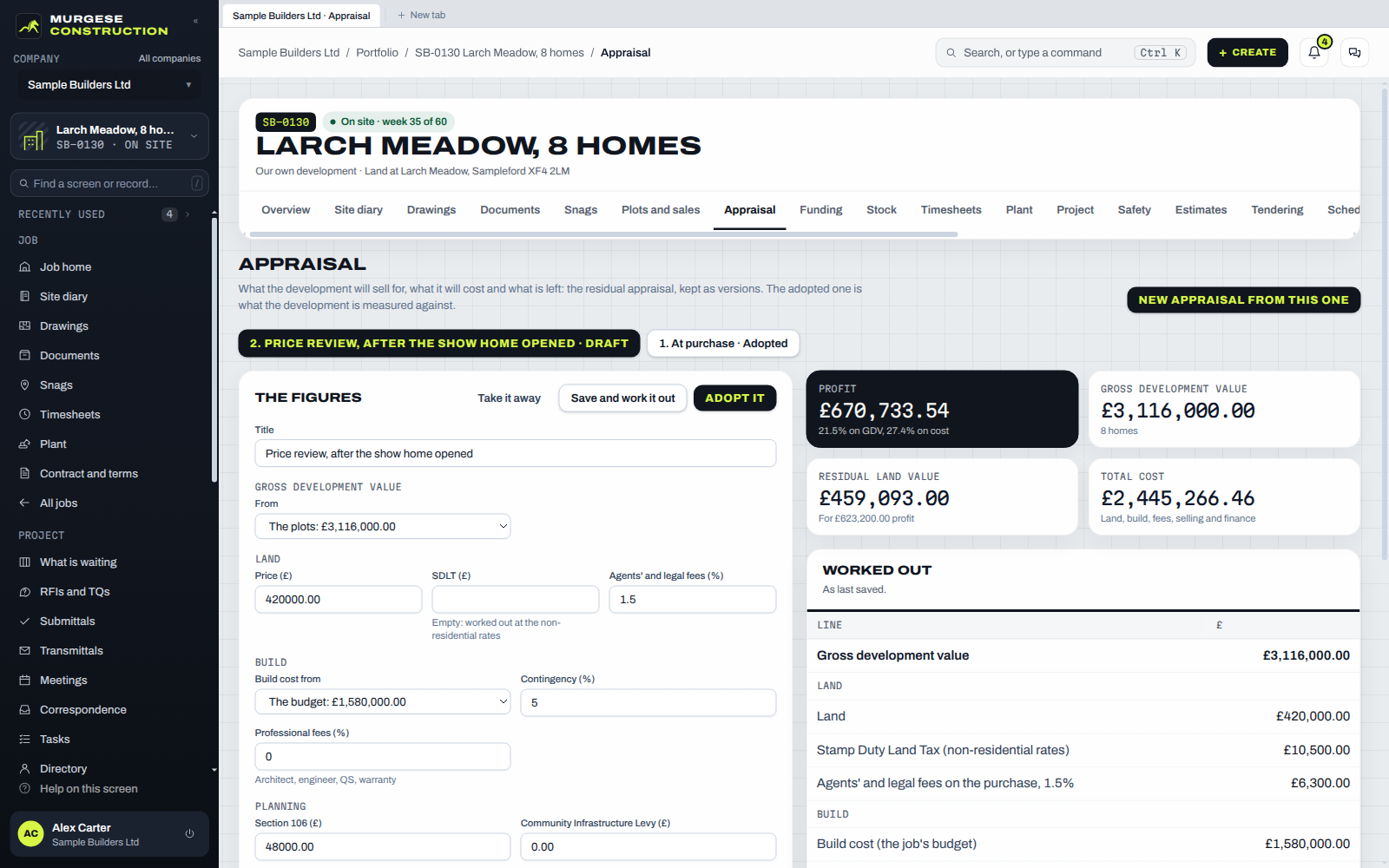 The residual appraisal kept as versions: the one adopted at purchase, and a draft price review with its profit and residual land value.