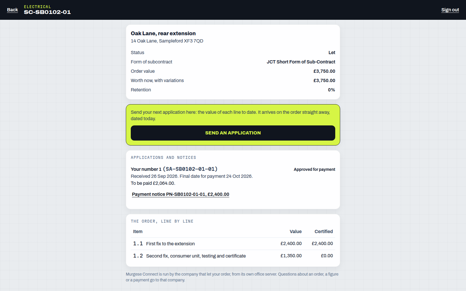 One order as the subcontractor sees it in their own Murgese Connect login: its lines, what has been certified, the last payment notice, and Send an application.