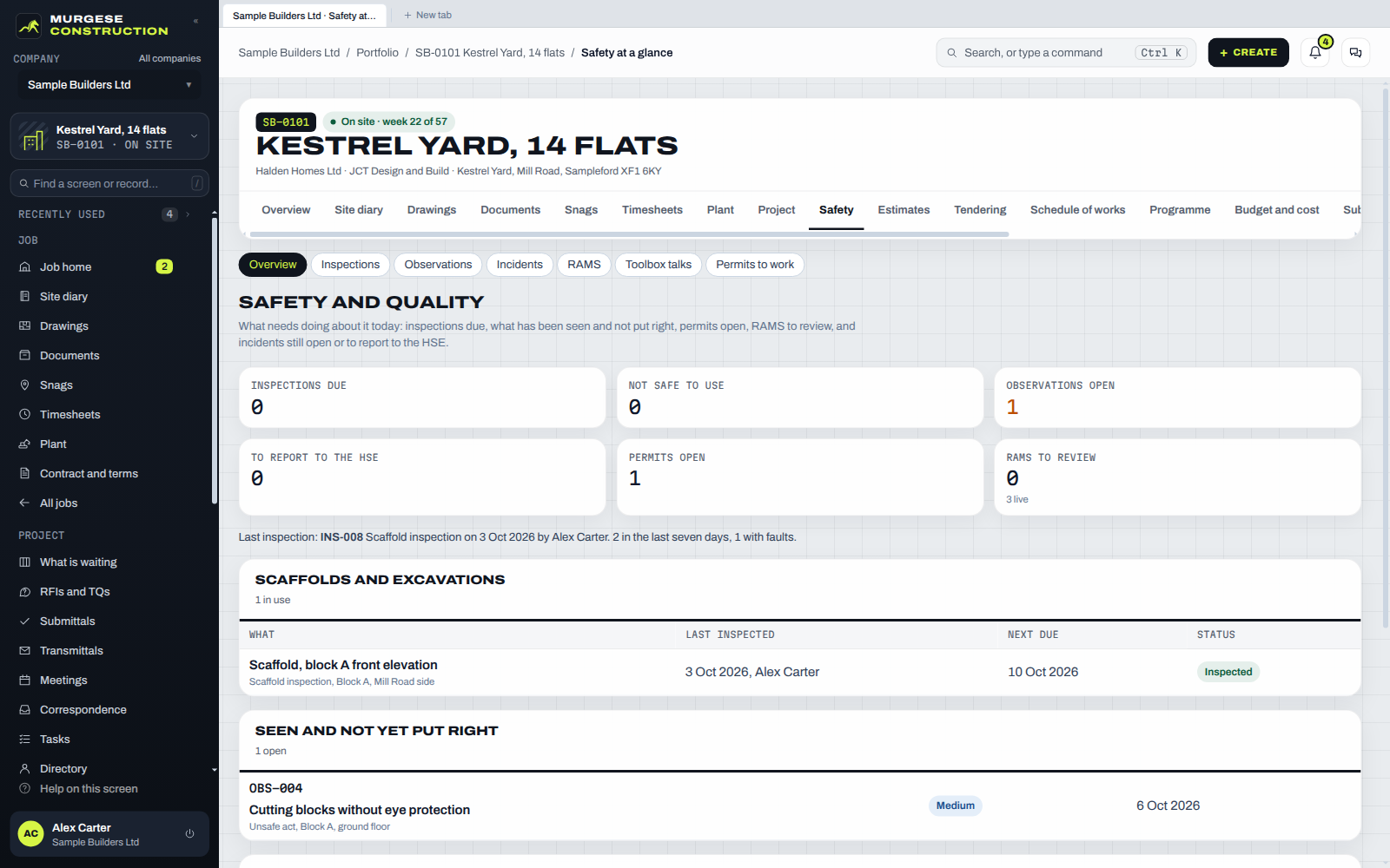 Safety and quality on a job: inspections due, what is not safe to use, permits open, RAMS to review, and what has to be reported.