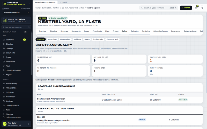 Safety and quality on a job: inspections due, what is not safe to use, permits open, RAMS to review, and what has to be reported.