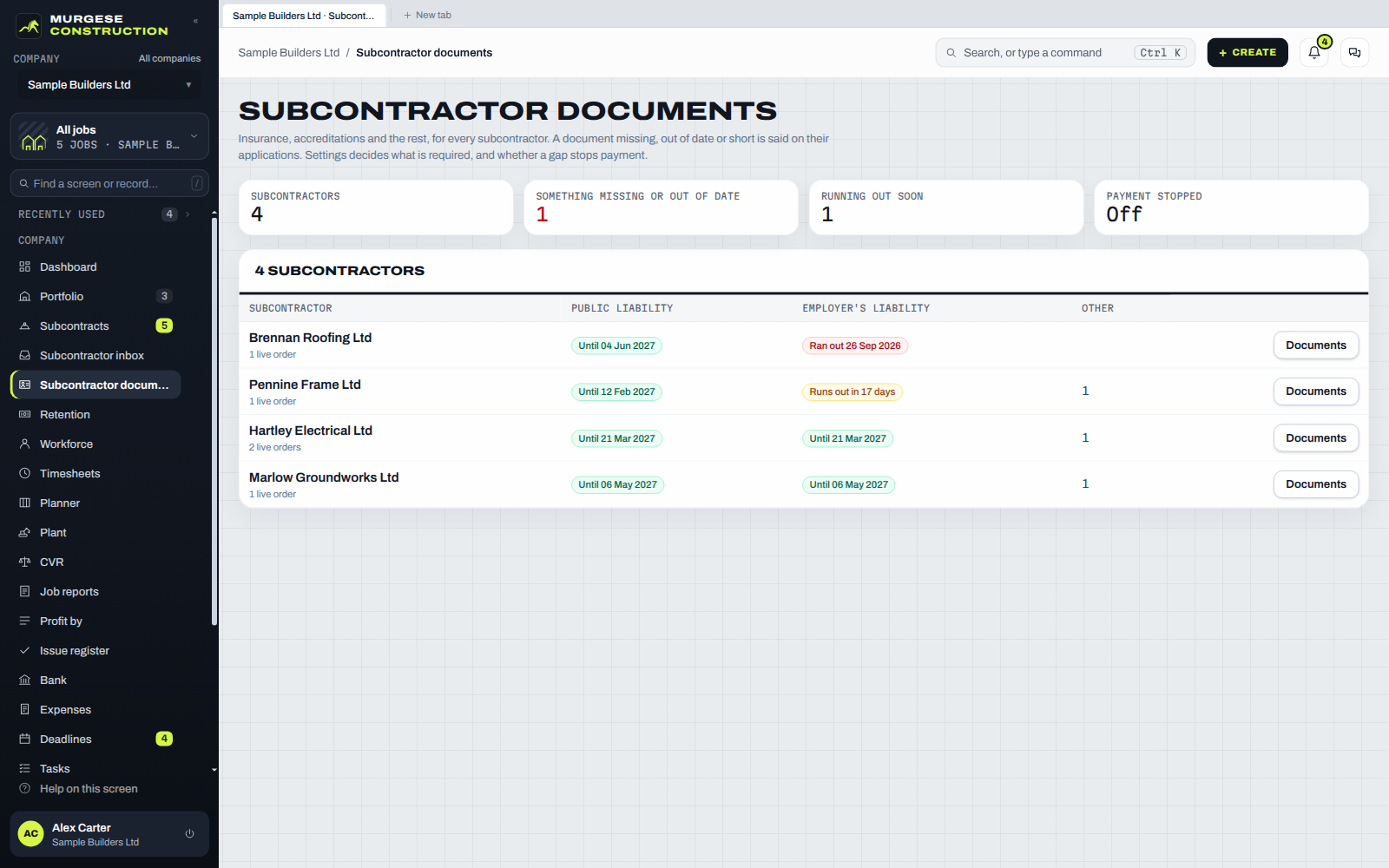 Subcontractor documents: each subcontractor’s public and employer’s liability insurance, with one run out and one running out soon.
