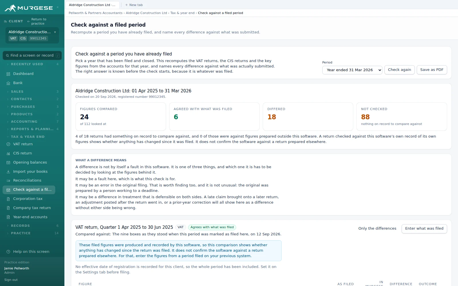The check against a filed period, showing figures compared, agreed, differed and not checked