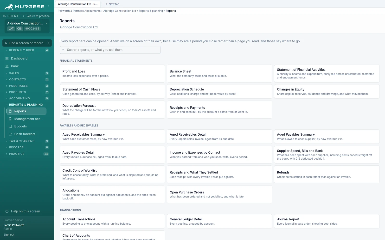 The report library, listing every report grouped by subject with a search across them
