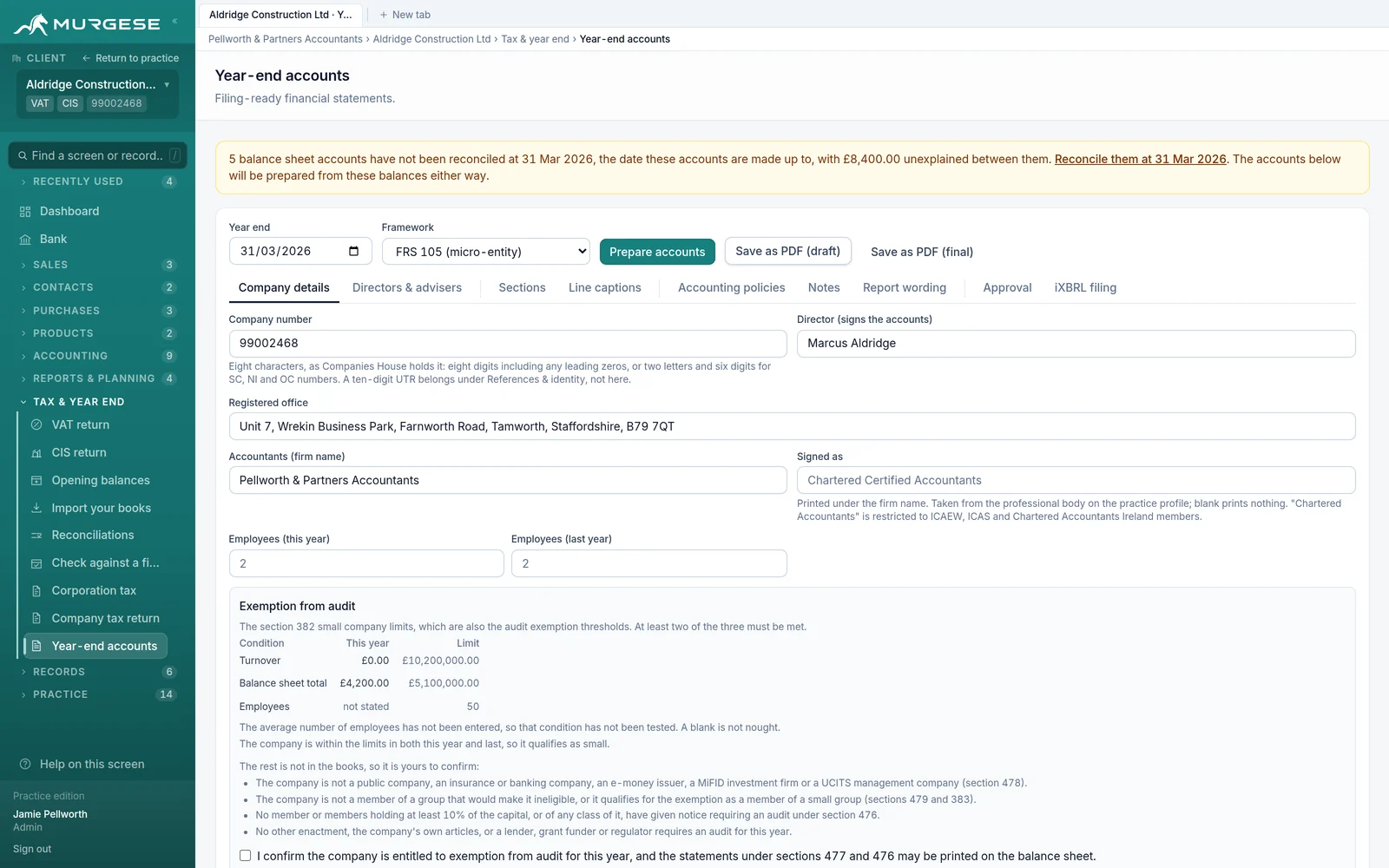 The year-end accounts screen, with its tabs and the audit exemption conditions tested against the ledger
