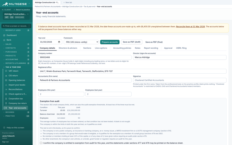 The year-end accounts screen in Murgese, with tabs running from company details through to approval and iXBRL filing, and the audit exemption conditions tested against the ledger.