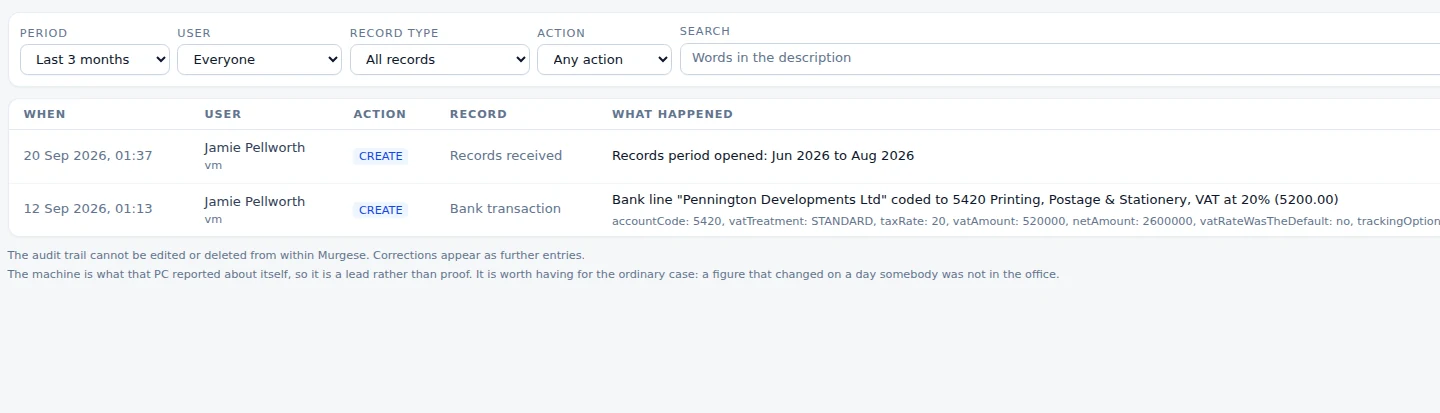 The audit entry generated by the bank posting, naming the person, the action and account 5420