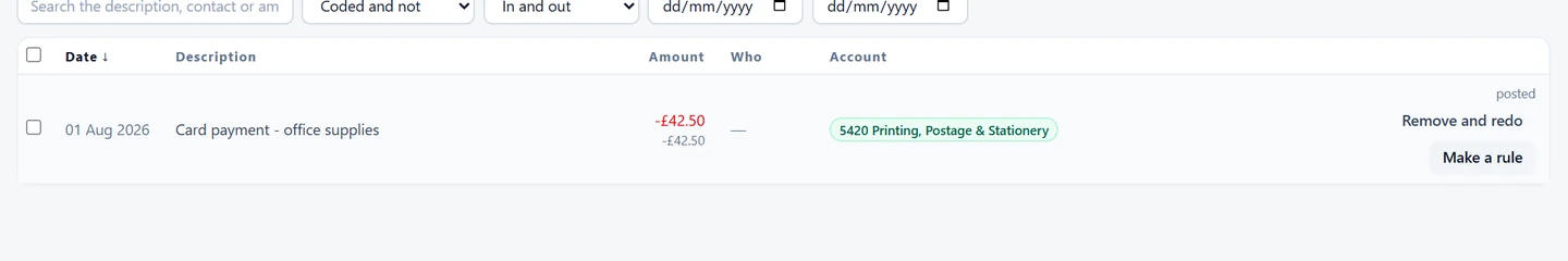 The bank line showing its assigned account and a posted state